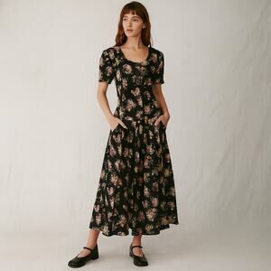 Vintage 1990s Floral Button Front Tie back Cottagecore Maxi Dress L